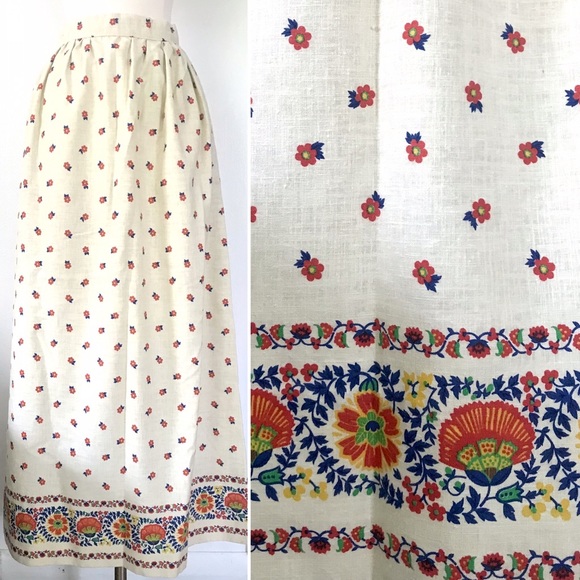Vintage Dresses & Skirts - Vintage 70’s handmade floral cream boho maxi skirt